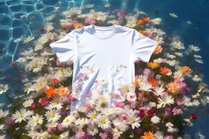 blanco camiseta Bosquejo flotante en agua superficie, ai generativo foto