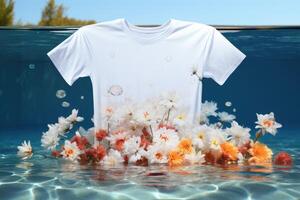 blanco camiseta Bosquejo flotante en agua superficie, ai generativo foto