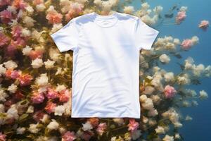 blanco camiseta Bosquejo flotante en agua superficie, ai generativo foto