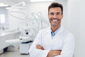 Caucasian man dentist smiling while standing in dental clinic, AI Generative photo