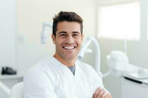 Caucasian man dentist smiling while standing in dental clinic, AI Generative photo