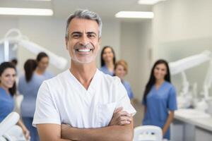 Caucasian man dentist smiling while standing in dental clinic, AI Generative photo