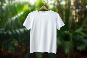 White tshirt mockup on hanger outdoors, photo