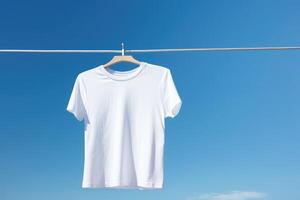 White tshirt mockup on hanger outdoors, AI Generative photo