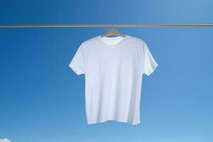 blanco camiseta Bosquejo en percha al aire libre, ai generativo foto