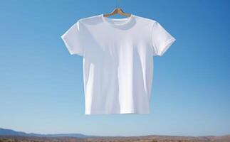 blanco camiseta Bosquejo en percha al aire libre, ai generativo foto