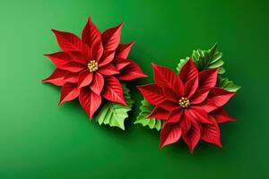 New year top view flat lay cookies on green background with poinsettia flowers. AI Generative photo