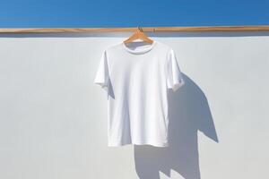 blanco camiseta Bosquejo en percha al aire libre, ai generativo foto