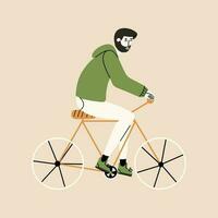 el hombre paseos un bicicleta. Respetuoso del medio ambiente modo de transporte. vector ilustración en mano dibujado estilo