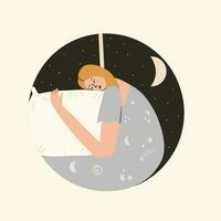 Concept of insomnia. A young girl hugs a pillow and cannot fall asleep. Lonely sad woman in depression. Vector illustration in flat style