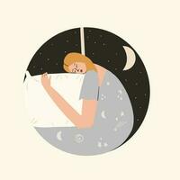 Concept of insomnia. A young girl hugs a pillow and cannot fall asleep. Lonely sad woman in depression. Vector illustration in flat style