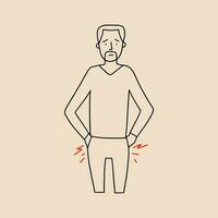 A man holds his hands on inflamed joints or hemorrhoids. Vector illustration in line style.