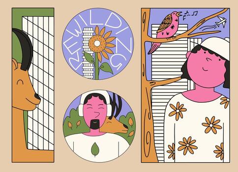 The concept of a green city with the inclusion of wildlife. Rewilding a set of elements. Vector illustration in flat style