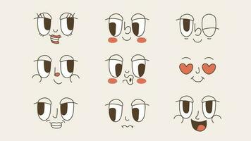 Groovy faces of the 70s. Comic cartoon retro eyes and mouths with different emotions. vector
