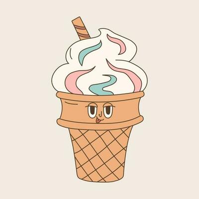 Groovy ice cream with comic face. Retro cartoon character of the 70s.