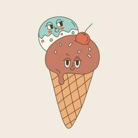 Comic ice cream with cherry in cartoon retro and groovy style. Character with faces of the 70s. vector