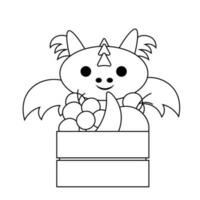 Cute cartoon Dragon with fruit in wooden box in black and white vector