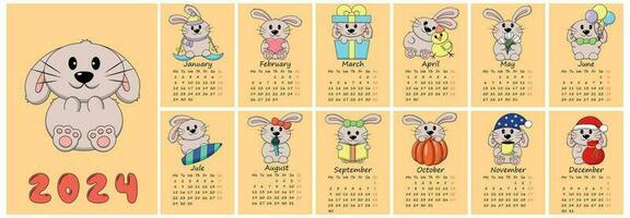 calendario para 2024 con linda dibujos animados personaje Conejo vector