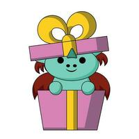 Cute cartoon Dragon in celebration gift box in color vector