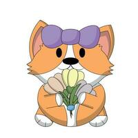 Cute Corgi with flower snowdrop in color vector