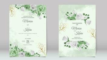 Luxury wedding invitation with green roses and watercolor background vector