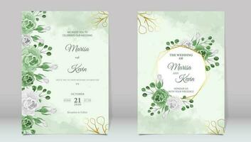 Luxury wedding invitation with green roses and watercolor background vector