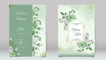 Luxury wedding invitation with green roses and watercolor background vector