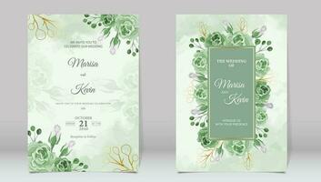 Luxury wedding invitation with green roses and watercolor background vector