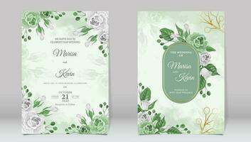 Luxury wedding invitation with green roses and watercolor background vector