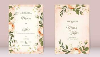 Luxury wedding invitation with peony and leaves on watercolor background vector