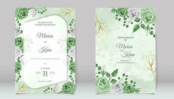 Luxury wedding invitation with green roses and watercolor background vector