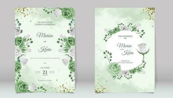 Luxury wedding invitation with green roses and watercolor background vector