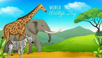 World wildlife day with animals in the forest vector