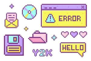 y2k pixel trendy set of objects, old computer interface, retro pc elements, 1990s 2000s style, pixel art, cd disk, floppy disk, folder, heart, nostalgia, vector illustration