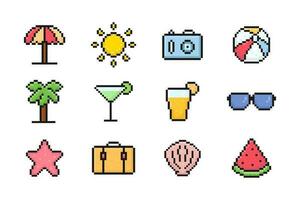 summer pixel set of icons, vintage, 8 bit, 80s, 90s games, computer arcade game items, beach umbrella, sun, sunglasses, juice, palm, seashell, sea star, suitcase, watermelon, ball, camera vector