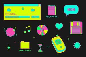 y2k neon trendy set of objects, old computer interface, retro pc elements, 1990s 2000s style, acid colors, nostalgia, vector illustration