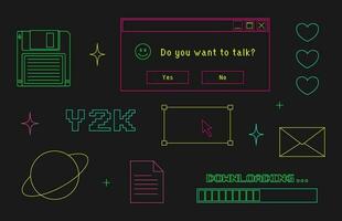 y2k neon trendy set of objects, old computer interface, retro pc elements, 1990s 2000s style, envelope, mail, cursor, star, floppy disk, nostalgia, vector illustration