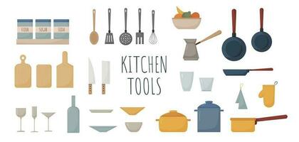 kitchen tools set, kitchen equipment, cooking supplies, bottle, plate, pan, skillet, pot, board, towel, vector illustration