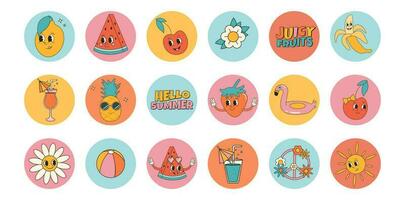 Groovy summer sticker collection with summer fruits and elements. Cartoon characters in trendy retro style, comic mascot characters. vector