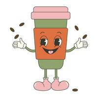 Trendy groovy coffee cup sticker. Retro vintage vector sticker with cute and funny character.