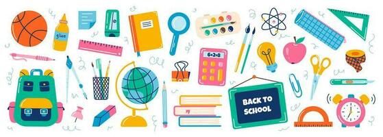 Big set of school supplies. Vector flat illustration in hand drawn style. Back to school