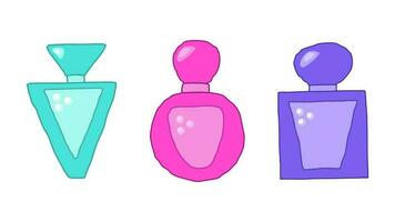 conjunto de Tres perfume botellas en el estilo de dibujos animados y garabatear. vector ilustración
