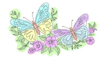 Two butterflies flying in flowers simple line drawing. Vector illustration isolated on white background. Line art. Coloring page. Children's book illustrations