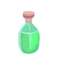 Glass green bottle, vial, flask with wooden lid, elixir. Vector isolated on white background. Potion bottle with nature energy. Cartoon vector glass flask with green glow magic elixir.