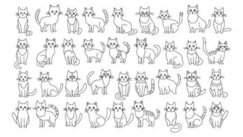 Set of 36 different cartoon cats. Black and white simple linear vector illustration isolated on white background. Children's book illustrations, fairy tales, coloring pages