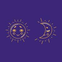 Cute moon and sun. Hand drawn cartoon vector illustration.