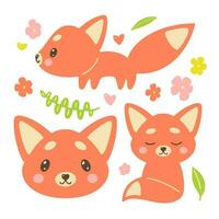 Cartoon fox kawaii style emoji. Fun ny fox character set various emotions. Kawaii animal facial expressions - calm, happy, laughing, smiling, waving, winking. Cute fox baby chibi style vector