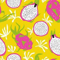 Bright summer seamless pattern with dragon fruits and abstract flowers on yellow background vector