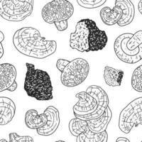 Hand drawn medicinal mushrooms seamless pattern. Black and white chaga, shiitake and reishi illustration vector