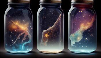 botella tarro vaso cristalería silueta con ambiente espacio noche magia galaxia increíble fascinante ai generado digital obra de arte ilustración antecedentes foto
